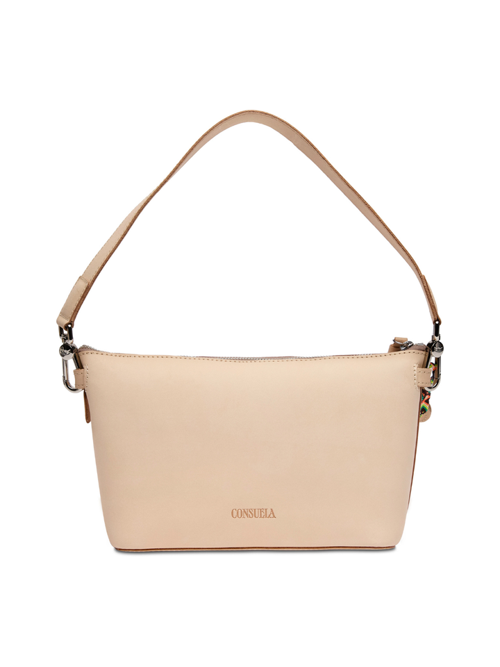 Beige handbag with a visible brand logo on a white background