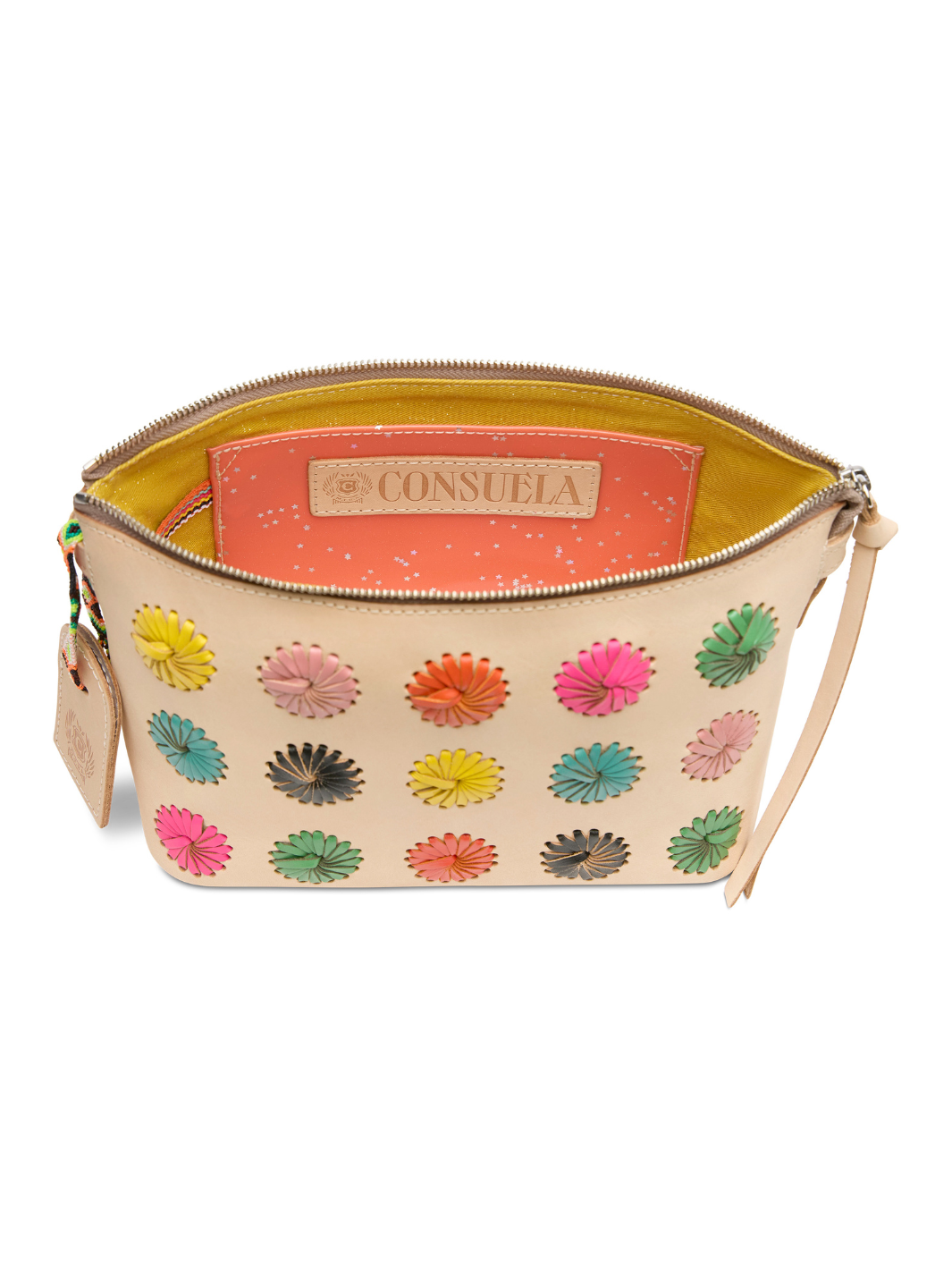 Beige handbag with colorful floral patterns on a white background