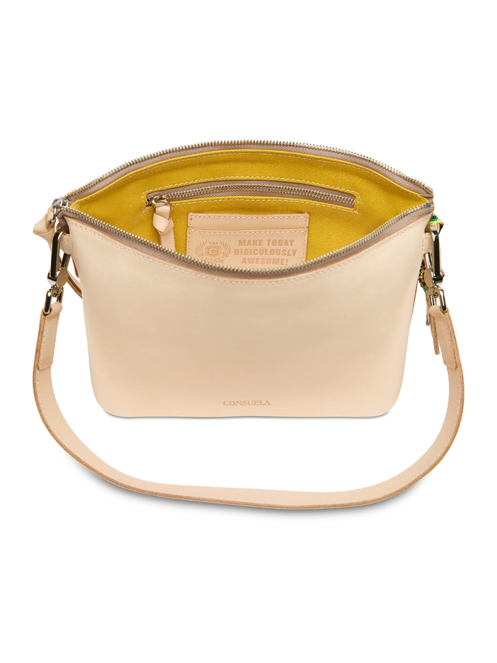 Beige handbag with a yellow interior on a white background