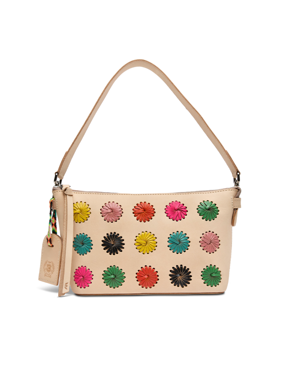 Beige handbag with colorful floral patterns on a white background