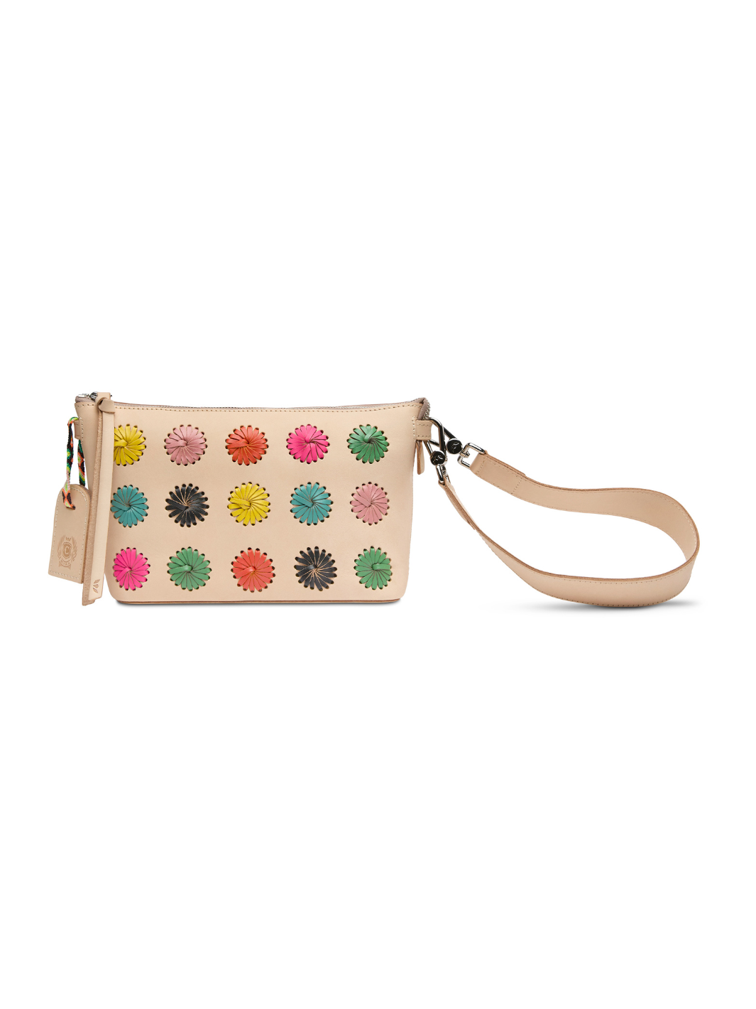 Beige wristlet with colorful floral patterns on a white background
