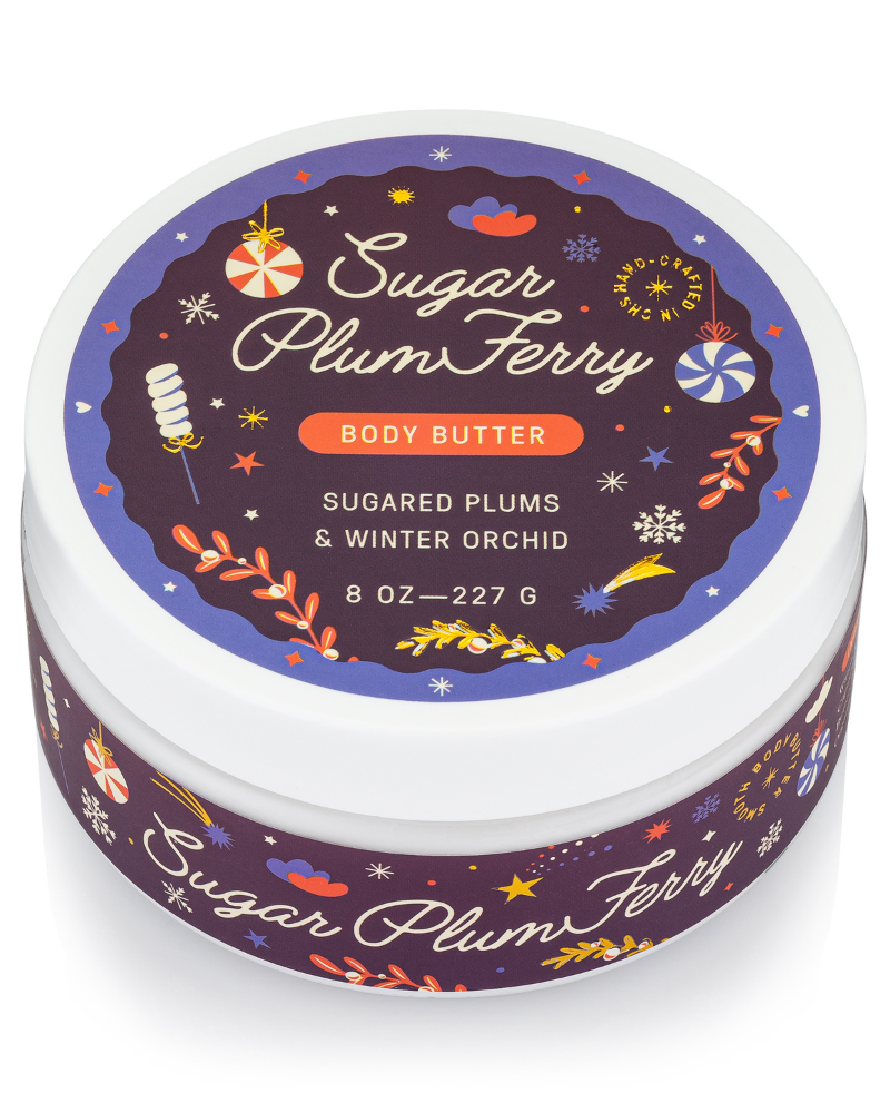Jar of Sugar Plum Ferry body butter with decorative label on a white background