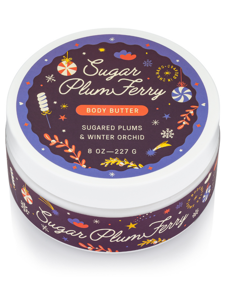Jar of Sugar Plum Ferry body butter with decorative label on a white background