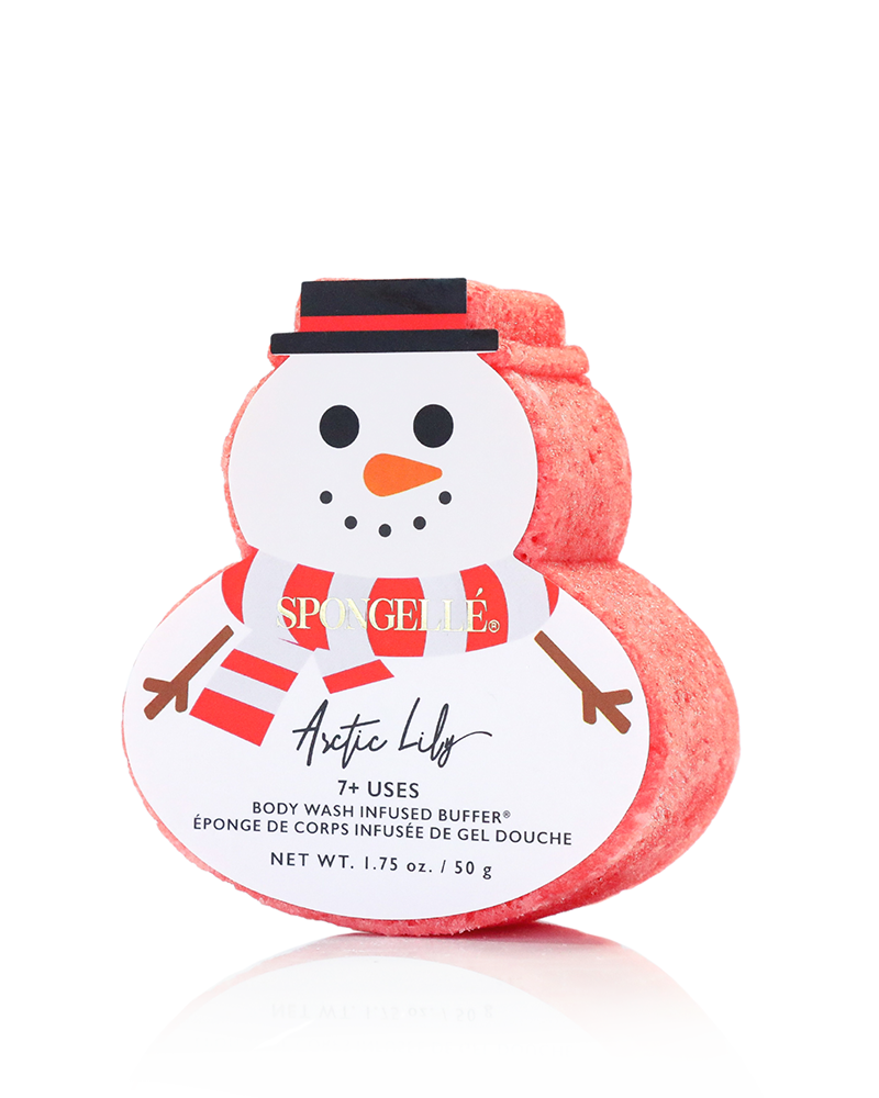 Snowman-shaped body wash buffer with a white background