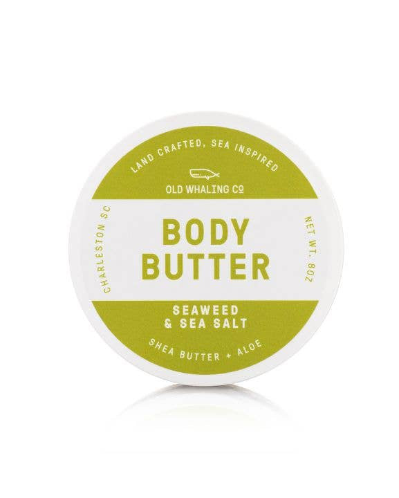Body butter container with seaweed and sea salt label on a white background