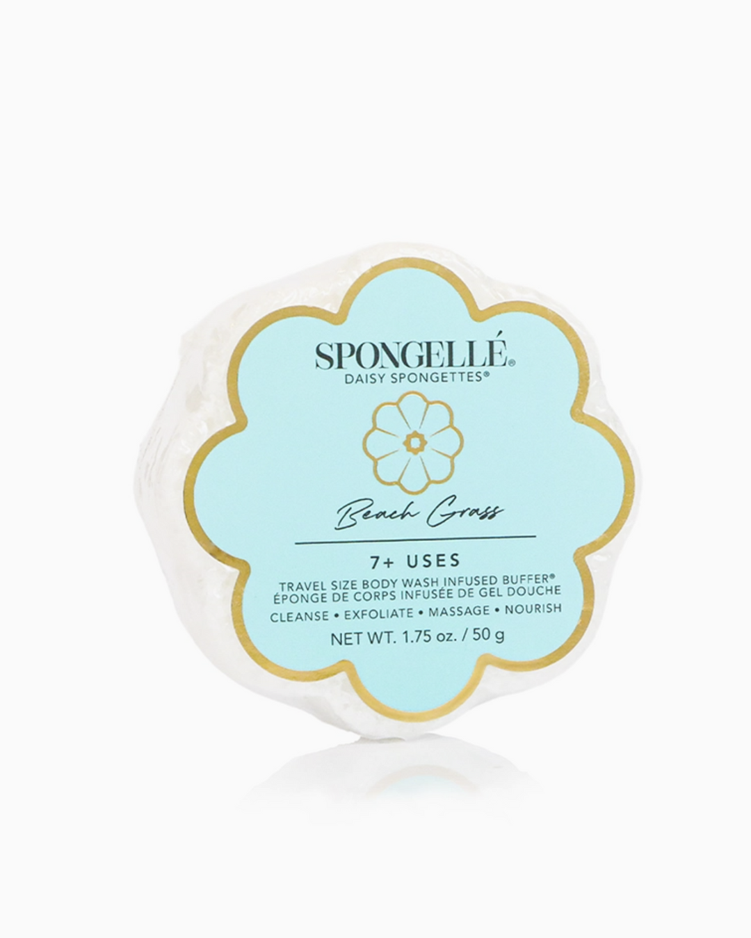 A Spongelle product packaging with a floral design and the brand name, showcasing the Beach Grass Daisy Spongelle with a pale blue background.
