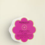 A floral-shaped Bulgarian Rose Spongelle product packaging with a pink and white color scheme.