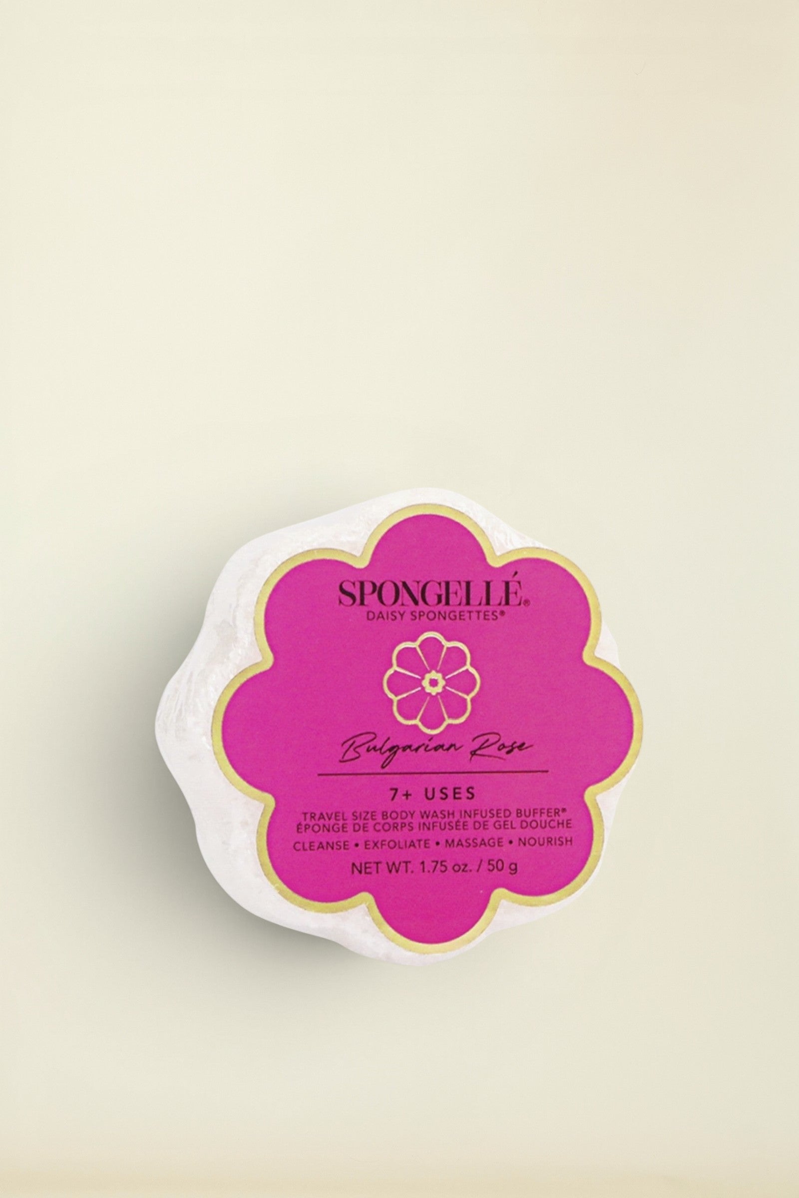 A floral-shaped Bulgarian Rose Spongelle product packaging with a pink and white color scheme.