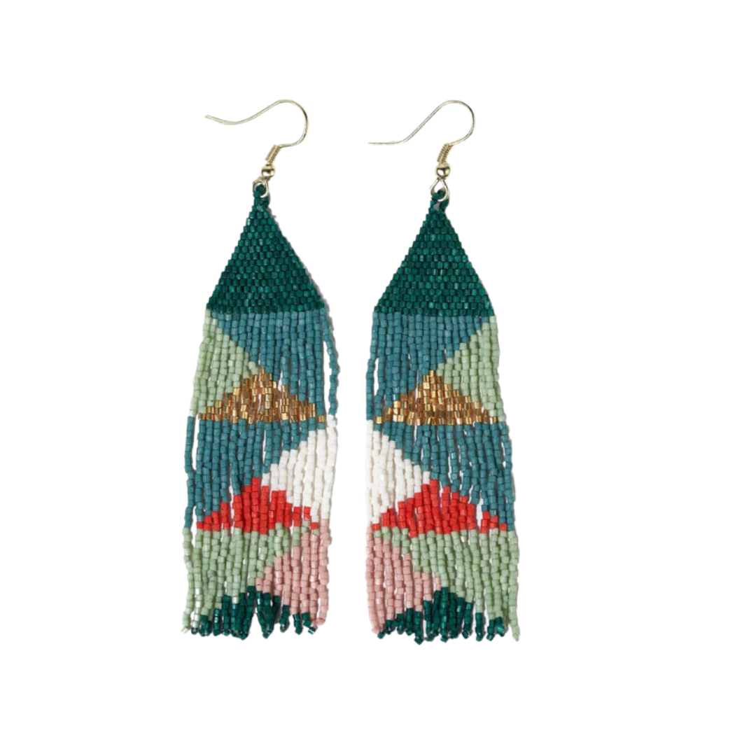 Brittany Mixed Triangles Beaded Fringe Earrings Teal + Poppy
