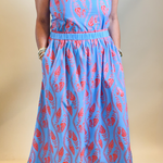 blue and orange print maxi skirt