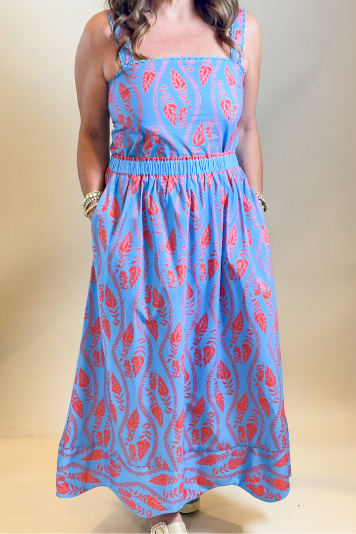 blue and orange print maxi skirt