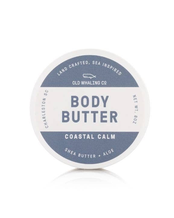 Body butter container with blue label on a white background