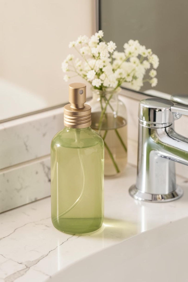 Green spray bottle with gold nozzle on a white surface