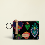 Point of Origin Consuela Vida Pouch in navy with colorful heart print, leather zipper pull, and attached metal keyring.