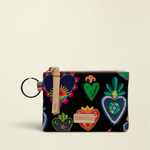 Point of Origin Consuela Vida Pouch in navy with colorful heart print, leather zipper pull, and attached keyring.
