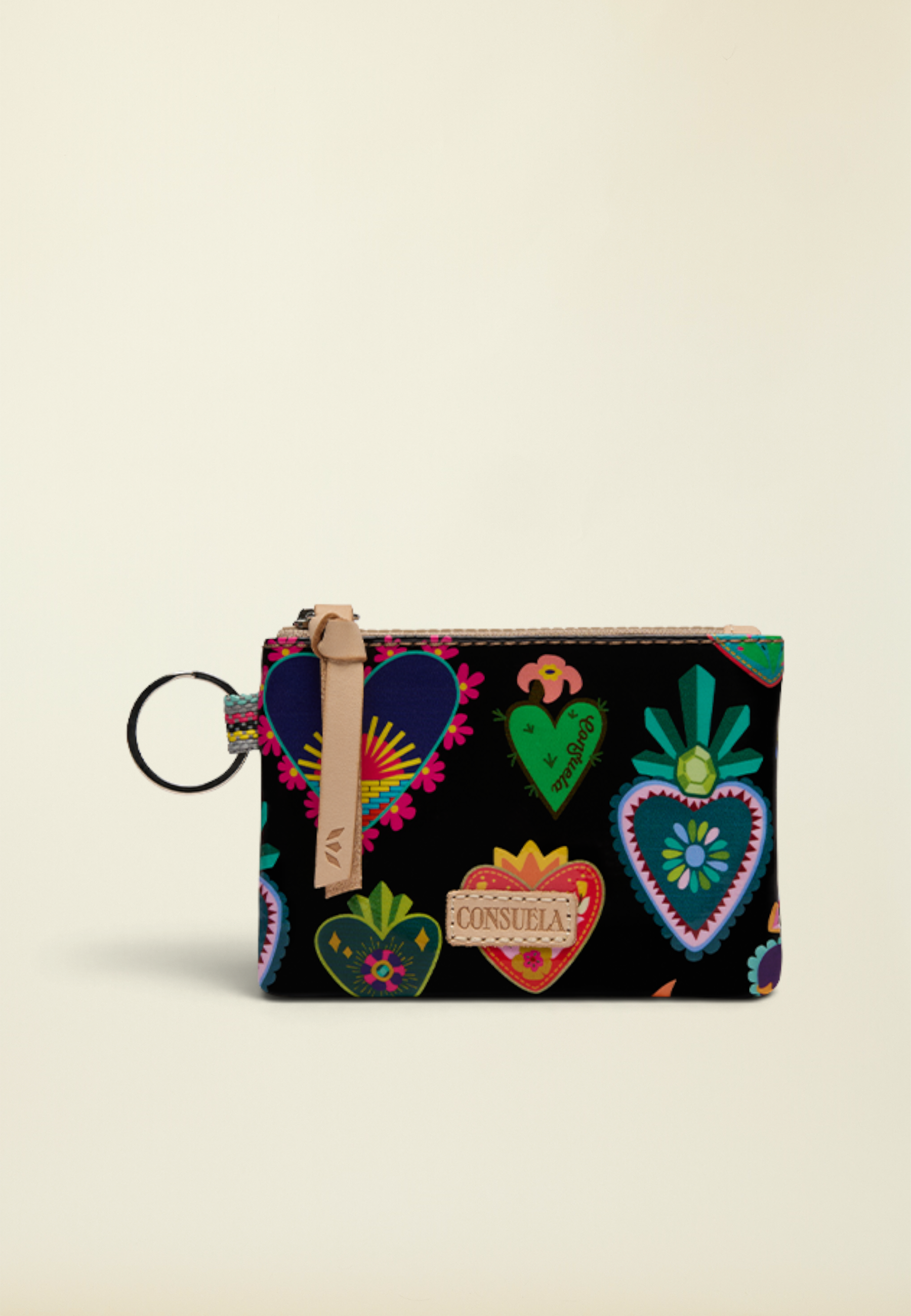Point of Origin Consuela Vida Pouch in navy with colorful heart print, leather zipper pull, and attached keyring.