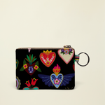 Point of Origin Consuela Vida Pouch in navy with colorful heart and floral print, featuring a metal keyring attachment.