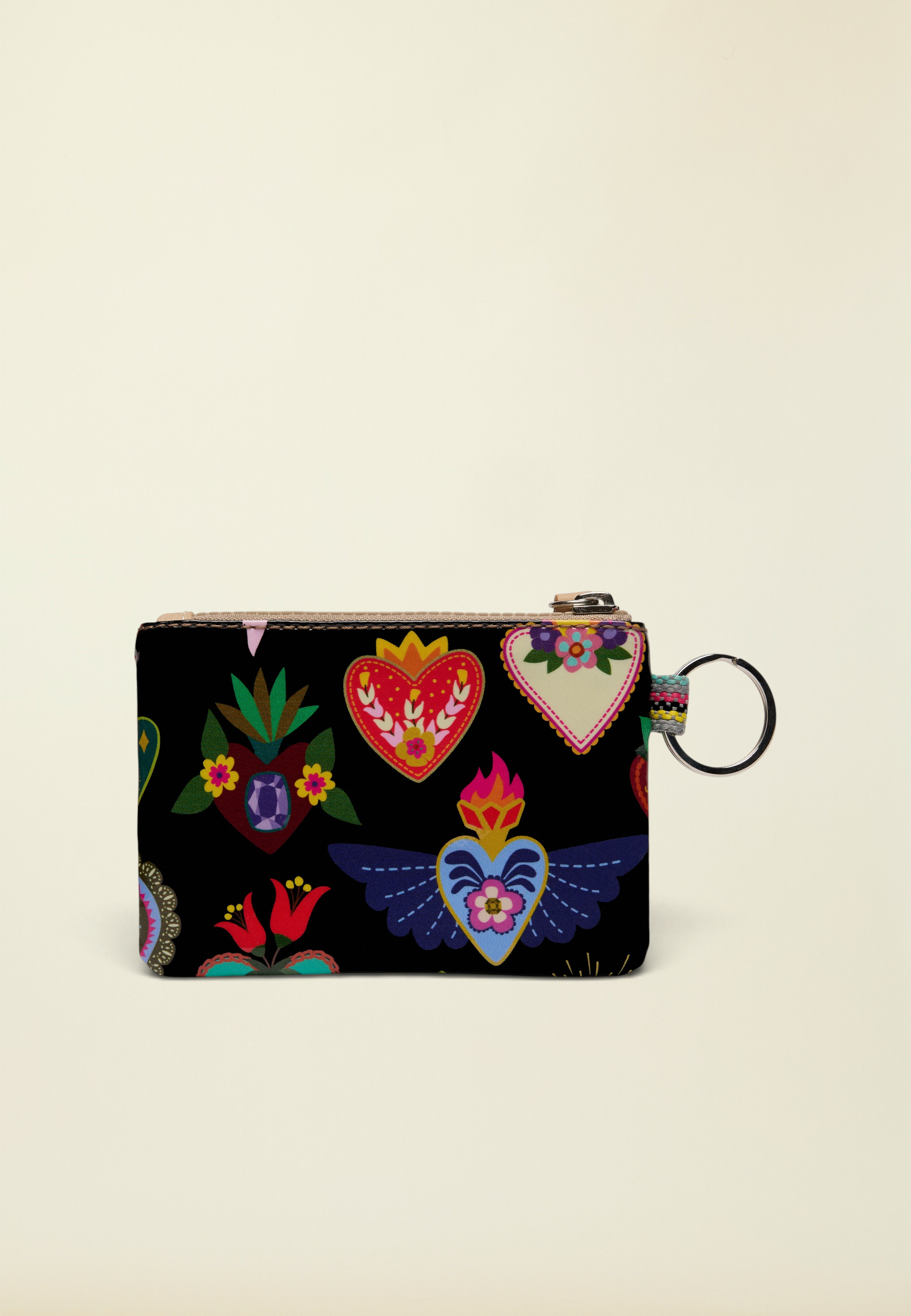 Point of Origin Consuela Vida Pouch in navy with colorful heart and floral print, featuring a metal keyring attachment.