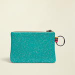 Point of Origin Consuela Shay glitter pouch in teal with a natural leather zipper pull and attached metal keyring.