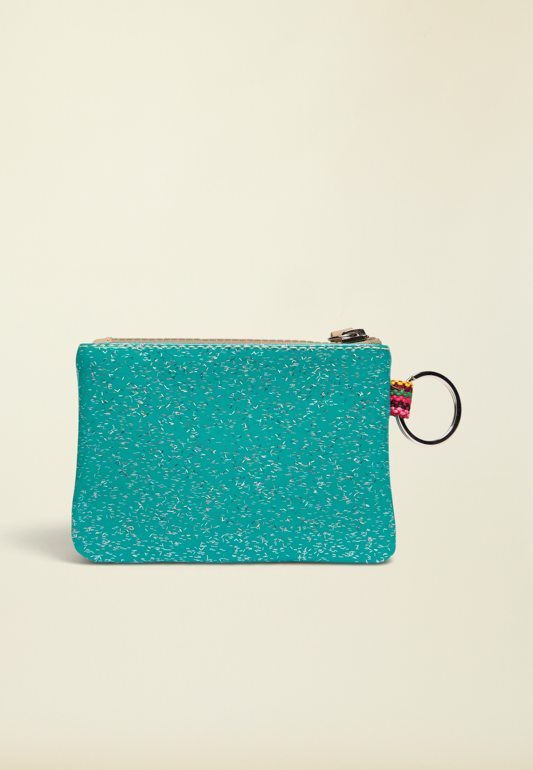 Point of Origin Consuela Shay glitter pouch in teal with a natural leather zipper pull and attached metal keyring.