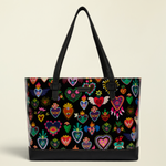 Point of Origin Consuela Vida Big Breezy tote bag with colorful heart pattern on black ConsuelaCloth and leather base.