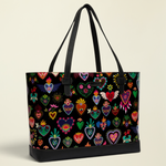 Point of Origin Consuela Vida Big Breezy tote bag with colorful heart pattern on black ConsuelaCloth and leather base