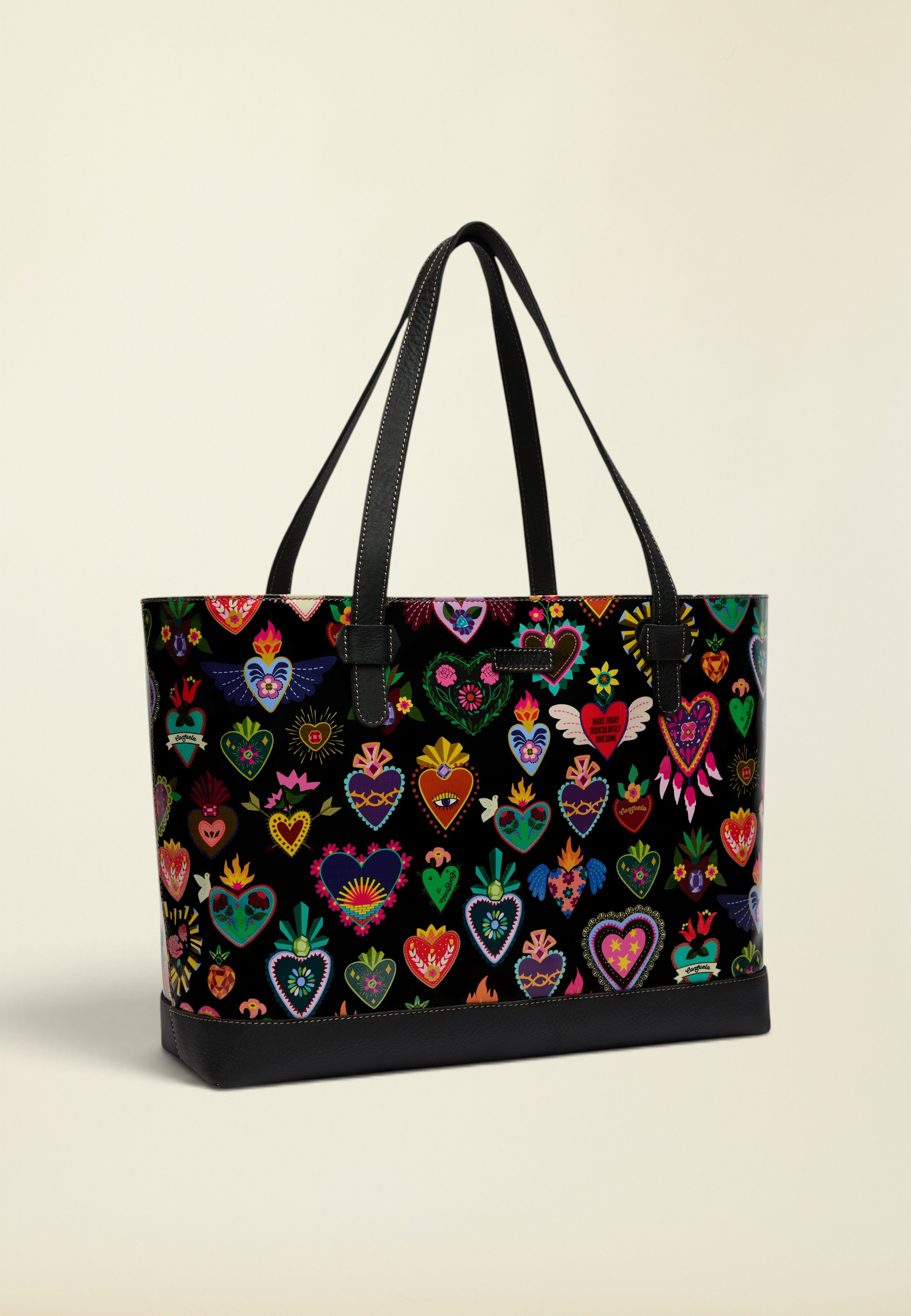 Point of Origin Consuela Vida Big Breezy tote bag with colorful heart pattern on black ConsuelaCloth and leather base