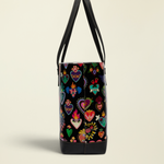 Point of Origin Consuela Vida Big Breezy tote bag featuring a black ConsuelaCloth exterior with colorful heart motifs