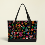 Point of Origin Consuela Vida Big Breezy tote bag with colorful heart print on black ConsuelaCloth and leather straps