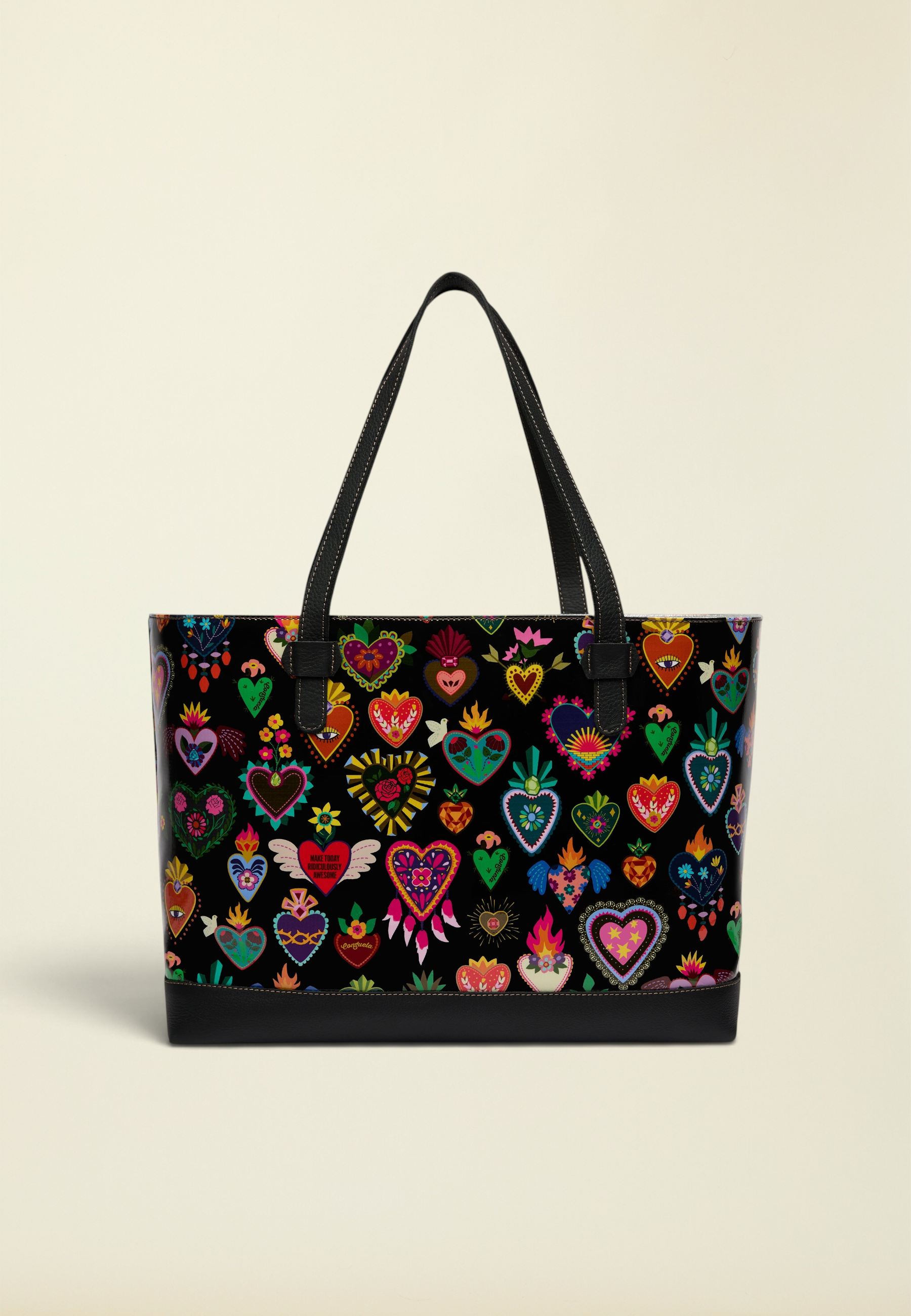 Point of Origin Consuela Vida Big Breezy tote bag with colorful heart print on black ConsuelaCloth and leather straps