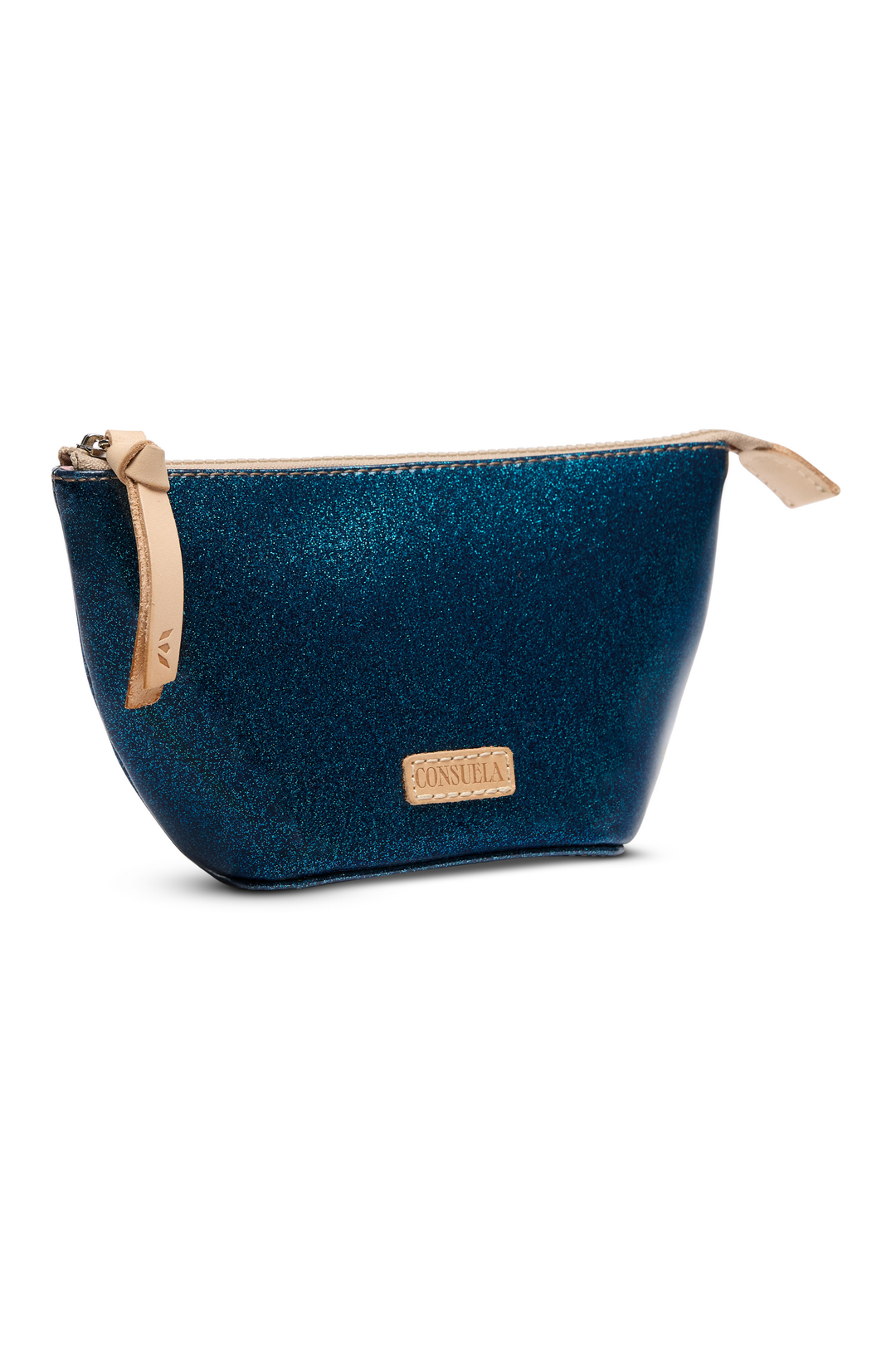 Blue cosmetic bag with beige zipper on a white background