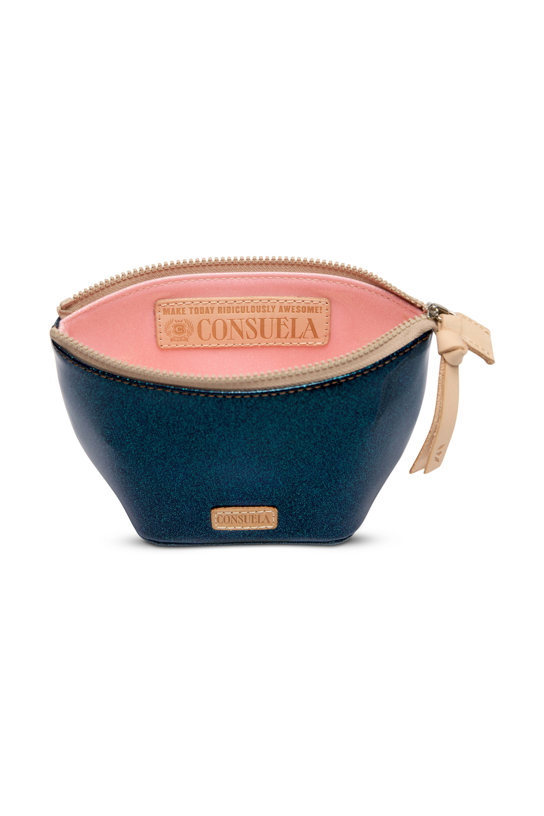 Two-toned cosmetic bag with pink top and navy bottom, featuring Consuela branding.