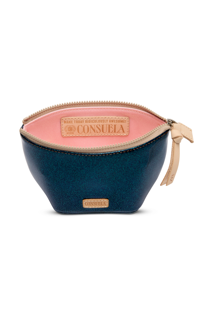 Two-toned cosmetic bag with pink top and navy bottom, featuring Consuela branding.
