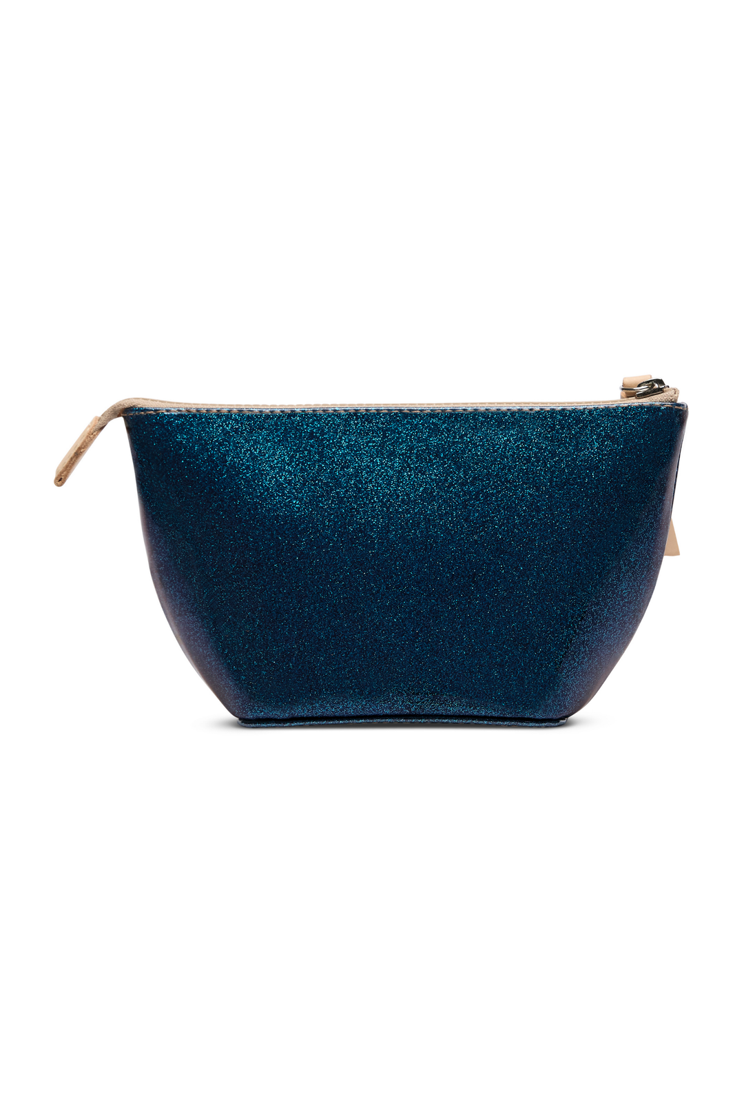 Blue denim pouch with gold zipper on a white background