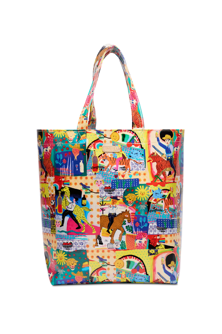 Colorful tote bag with a collage of illustrations on a white background