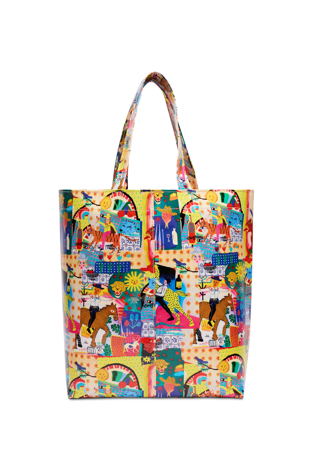 Colorful tote bag with a pattern of cartoon characters on a white background