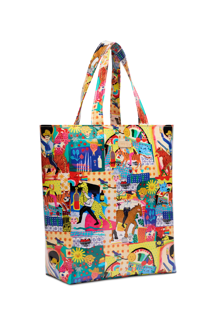 Colorful tote bag with cat pattern on a white background
