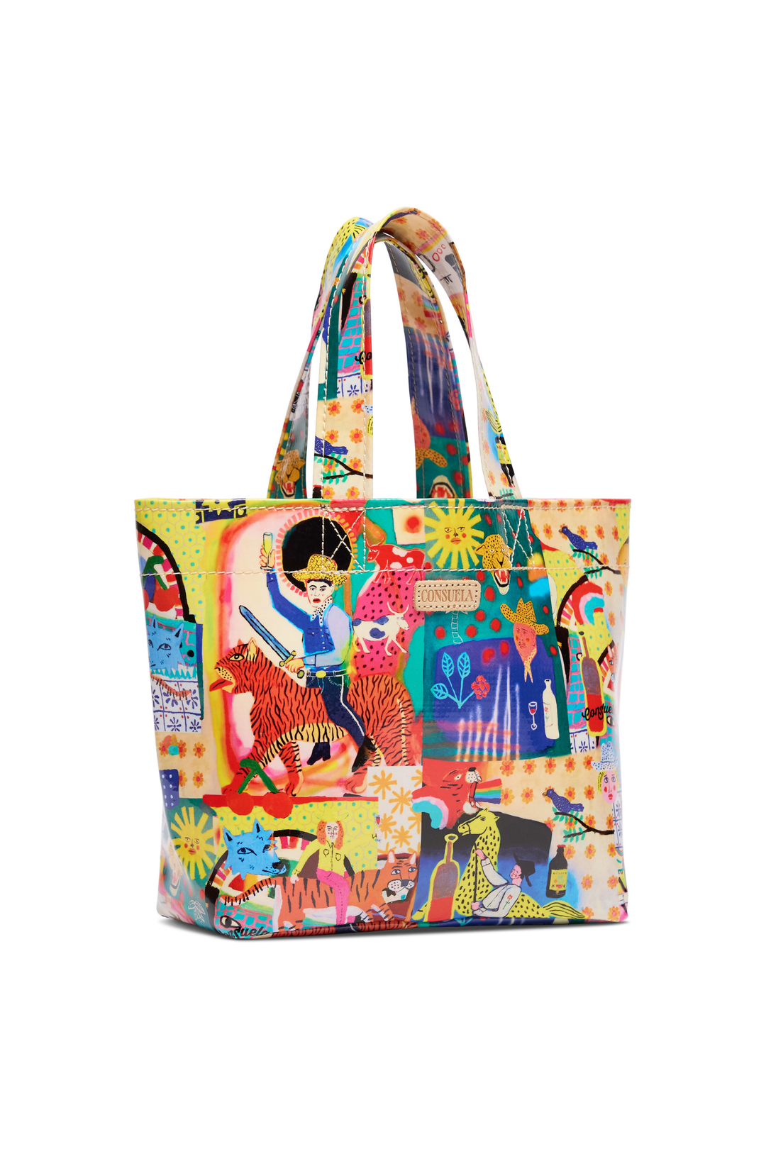 Colorful tote bag with artistic design on a white background