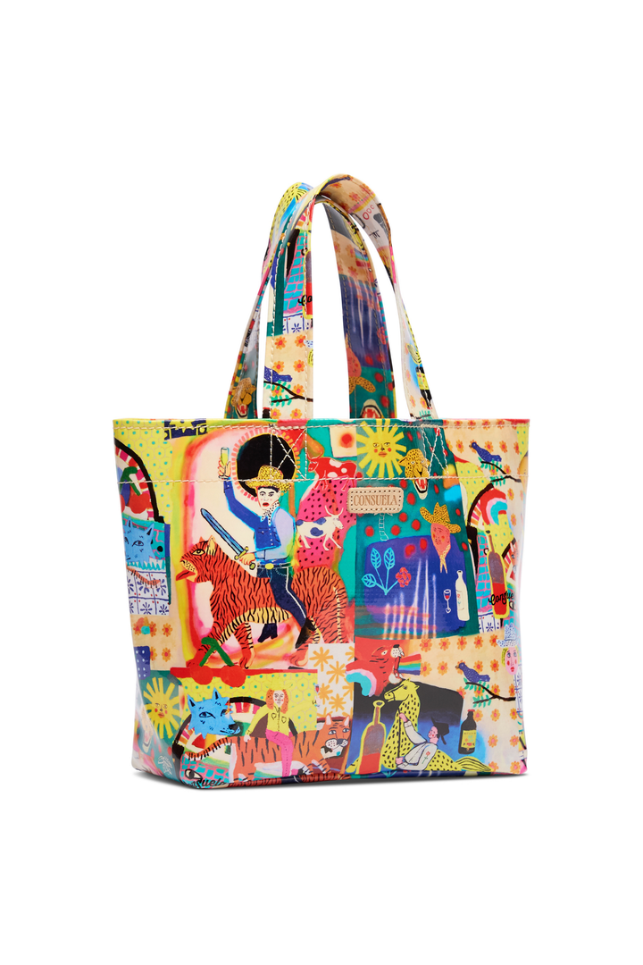 Colorful tote bag with artistic design on a white background