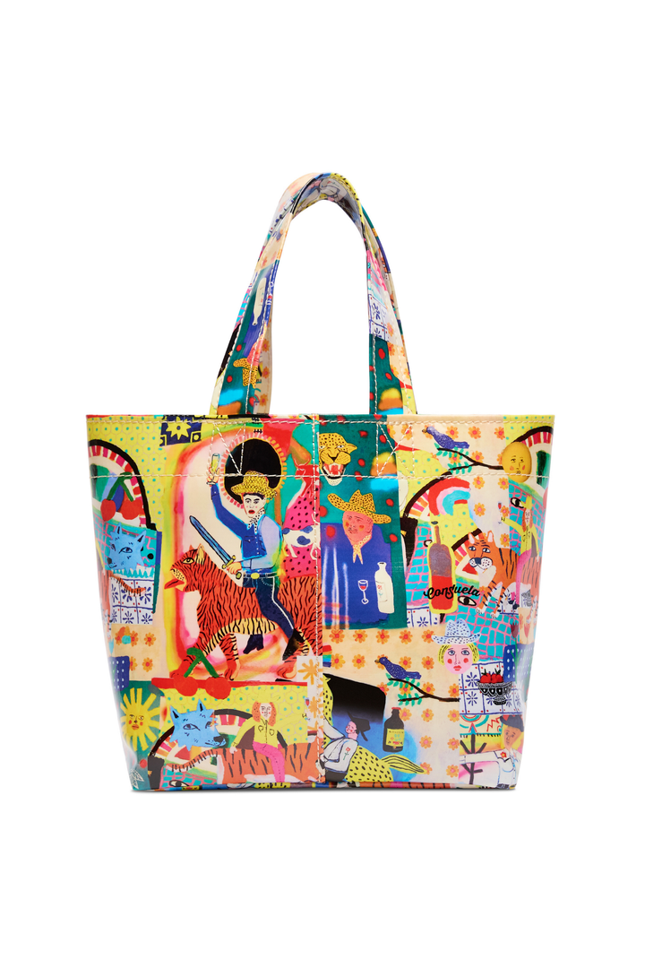 Colorful tote bag with artistic design on a white background