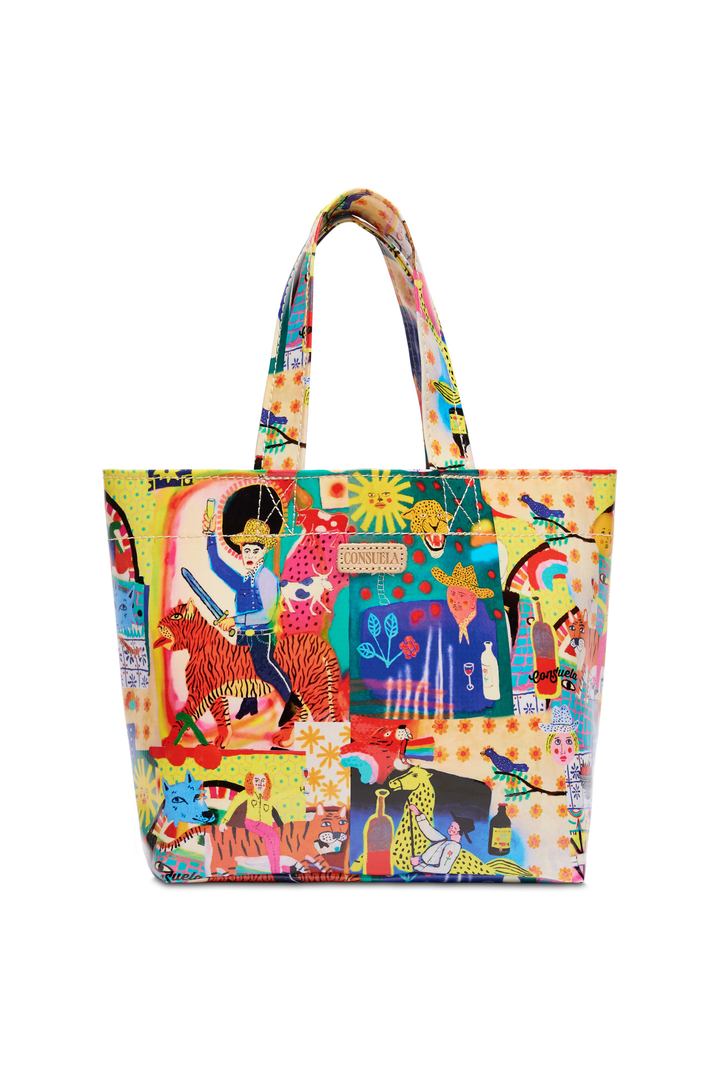 Colorful tote bag with artistic design on a white background