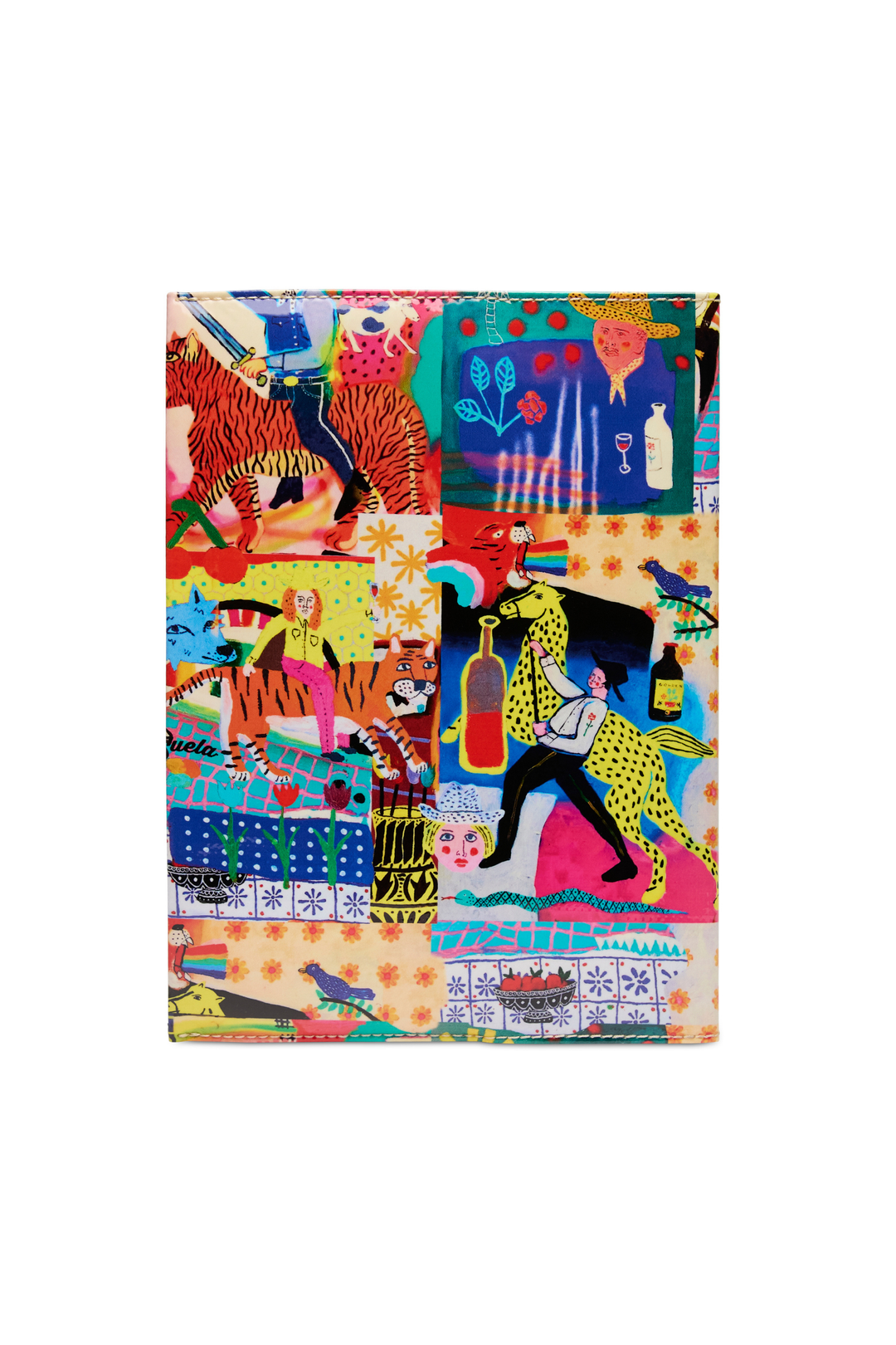 Colorful fabric with a collage of images including animals and people on a white background