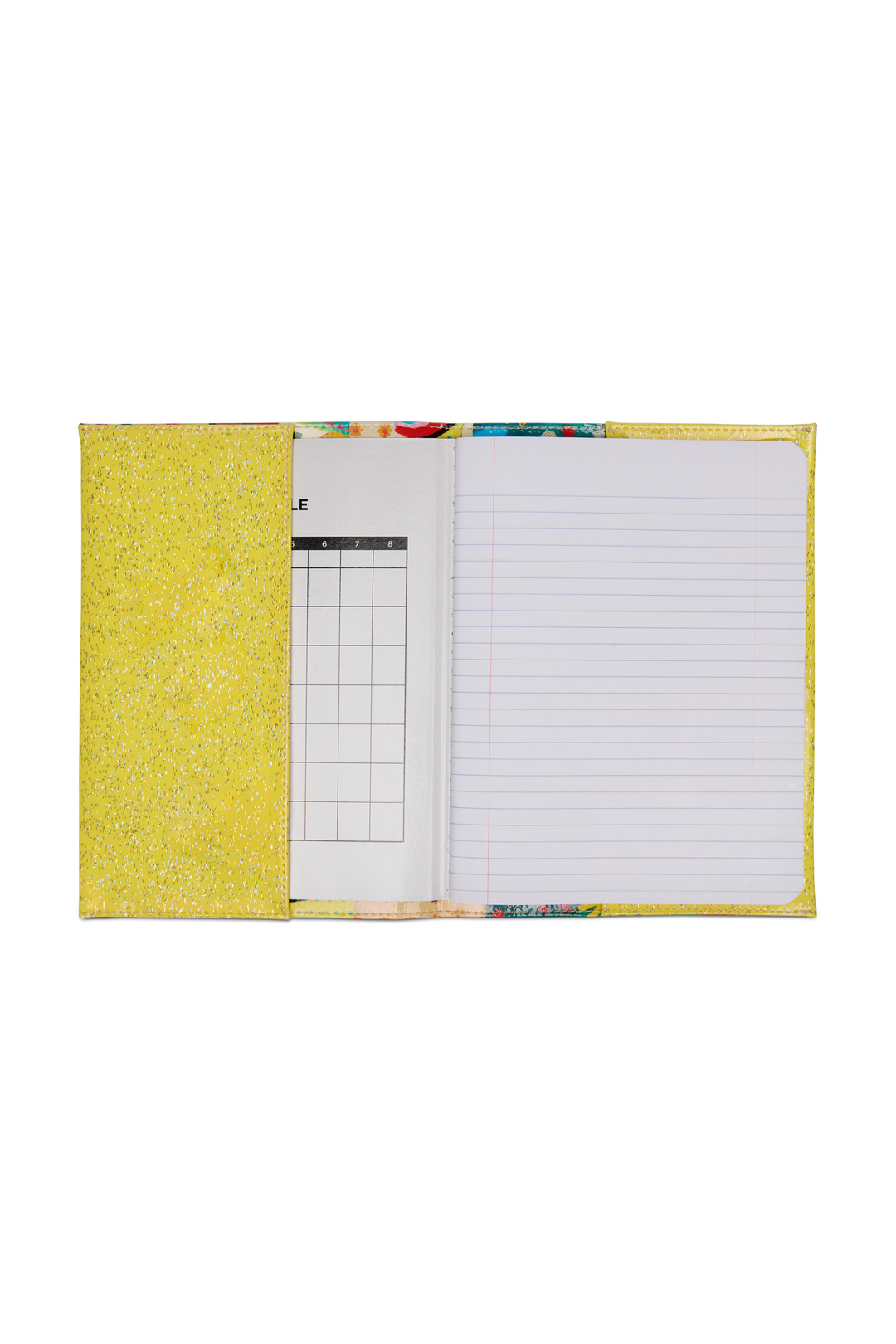 Notebook with colorful cover and grid and lined pages on a white background