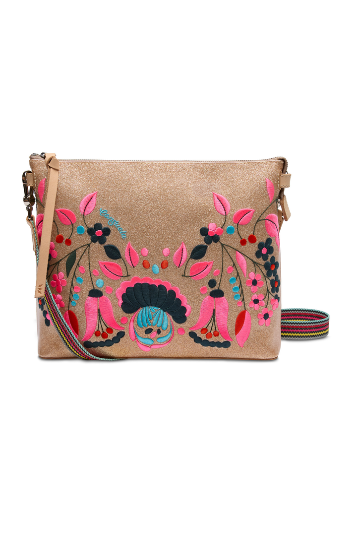 Beige handbag with colorful floral embroidery on a white background