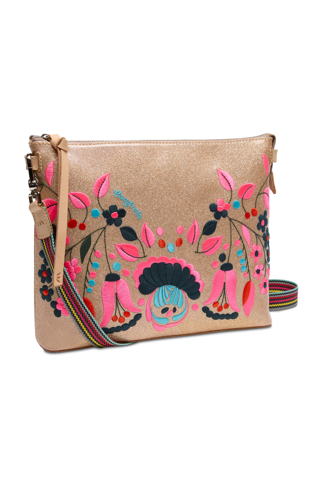 Beige handbag with colorful floral embroidery on a white background