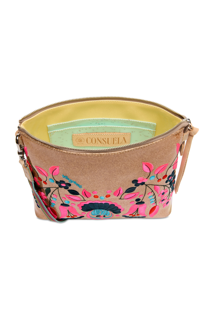 Beige handbag with floral embroidery on a white background