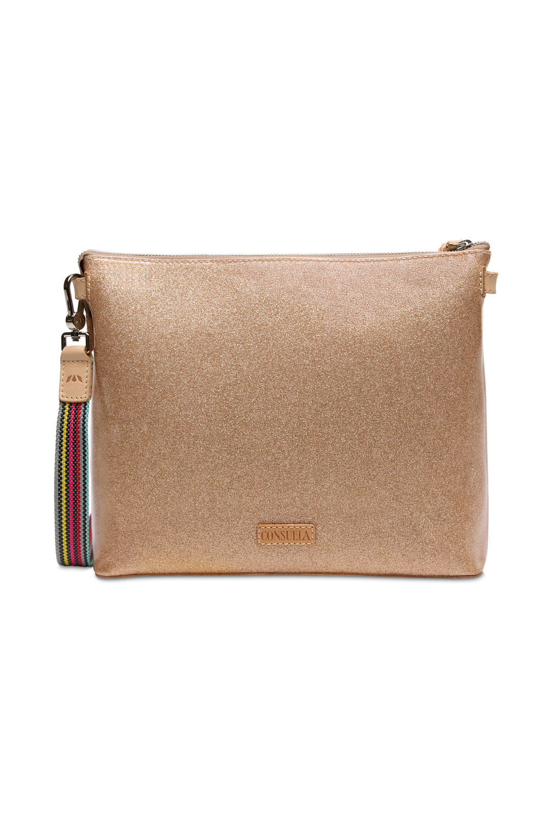 Beige crossbody bag with a colorful strap on a white background