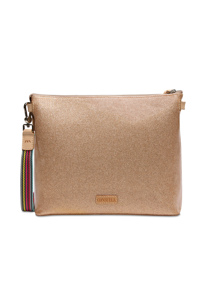 Beige crossbody bag with a colorful strap on a white background