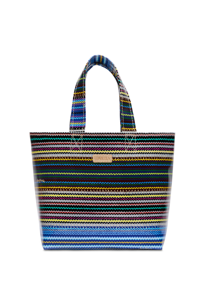 Multicolored striped tote bag on a white background