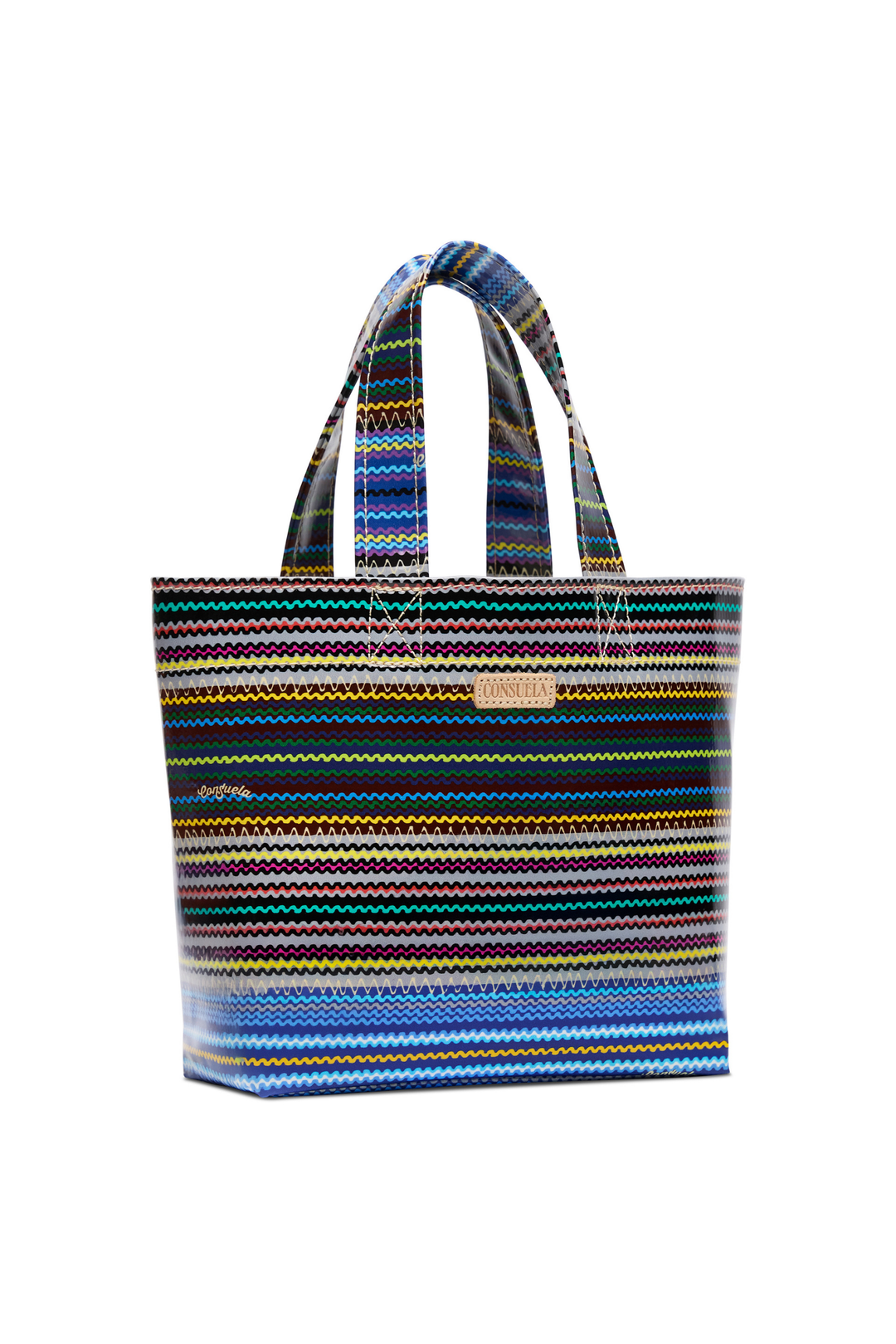 Multicolored striped tote bag on a white background